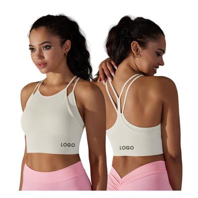 China 2023 QUICK DRY thin strap ribbed tank tops cross active white high back support yoga gym wear seamless fitness sports bra for women for sale