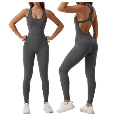 China 2023 Customs Gray Yoga Full Length Bodysuits Summer QUICK DRY Active Wear One Piece Plus Size Workout Gym Rompers Women Sexy Jumpsuit for sale