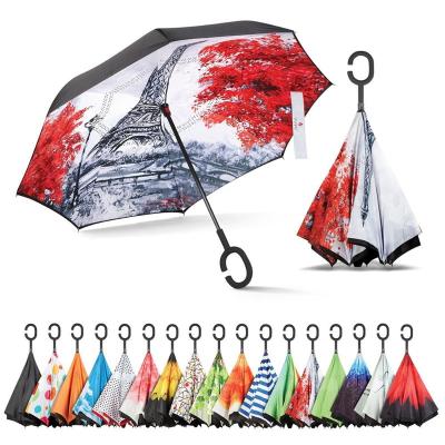 China Mid Century Modern Custom Printed Auto Folding OEM C Shape Handle Car Reverse Umbrella for sale