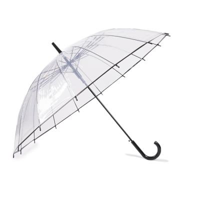 China Promotional Wholesale Custom Hanging Metal J Shaft Handle 23Inch 16K PVC Auto Open Clear Transparent Umbrella for sale