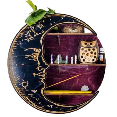 China Europe KRAFF RTS Wall Mounted Shelf Crystal Display Moon Essential Oil Holder Wooden Moon Shelf For Living Room for sale