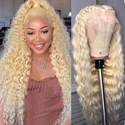 China Long Curly Deep Curly Deep Wave Virgin Human Hair 613 Brazilian Blonde 3 Bundles And Closures For Black Women for sale