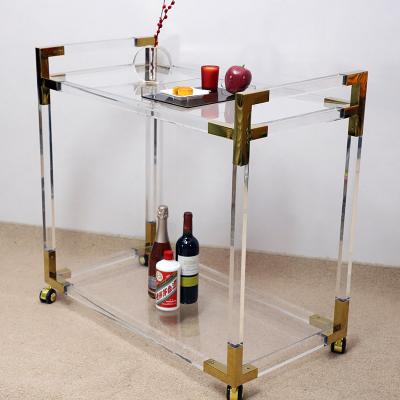 China Modern Lucite Acrylic Glass Tea Bar Luxury Metal Gold Metal Wine Food Catering Drinks Serving Trolley Acrylic Bar Cart for sale