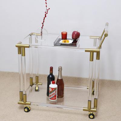 China Beautiful Modern Acrylic Luxury Rolling Cart Metal Glass Antique Brass Acrylic Drinks Wine Serving Trolley Bar Cart for sale