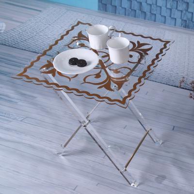 China Clear Lucite Factory HOMESWEET (Others) Foldable Acrylic Coffee Tables Wholesale Adjustable Perspex Small Side Table With Printing for sale