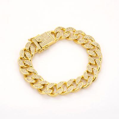 China Hiphop 12MM 7.25inch 18K Gold Plated Bangle Hip Hop Cubic Zirconia Ice Cuban Link Bracelet for sale