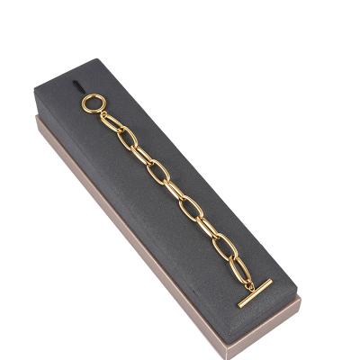 China Hip Hop 18k Gold Plated Paper Clip Plain Stainless Steel Clasp Bangle Toggle Bracelet For Women Mens for sale