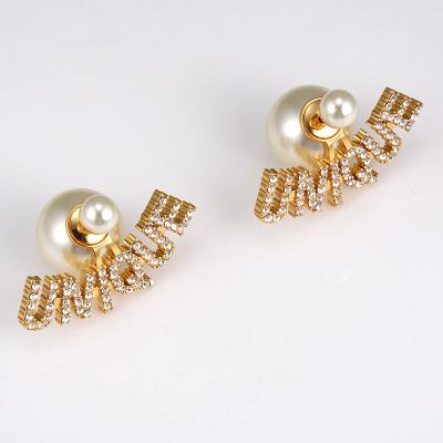 China Custom Jewelry TRENDY Brass CZ Word Inlaid UNIQUE Big Word Pearl Earring For Party Girls for sale