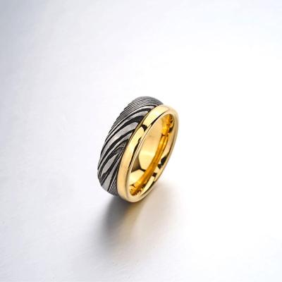 China FASHIONABLE 8 Mm Men's Vacuum Plating 18K Gold Stainless Steel And Damascus Steel Ring for sale