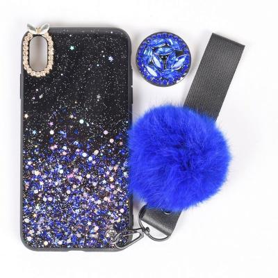 China Diamond Holder Rabbit Hair Shockproof Ball Fashion Lanyard Back Cover Girl Bling Glue Shiny Phone Case For iphone XS Max for sale