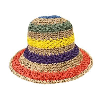 China Character Women Girl Packable Crochet Woven Straw Visor Rainbow Color Striped Bucket Hat Beach Hat Sun Hat for sale