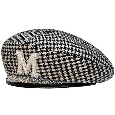 China Character Ladies Beret Wool Korean Houndstooth Rhinestone Pearl M Letter Painter Octagonal Hat for sale