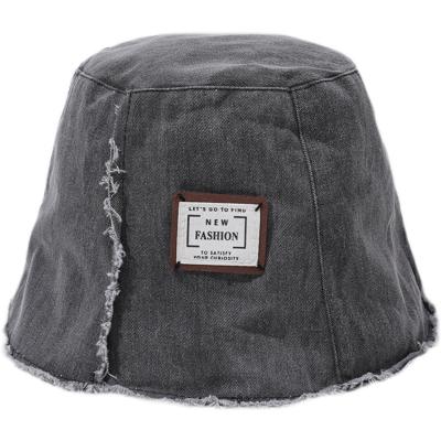 China Summer Sun Hat Beach Hat Round Basin Cowboy Brim Letter Patch Caps Female Raw Fisherman Denim Bucket Hat Character for sale