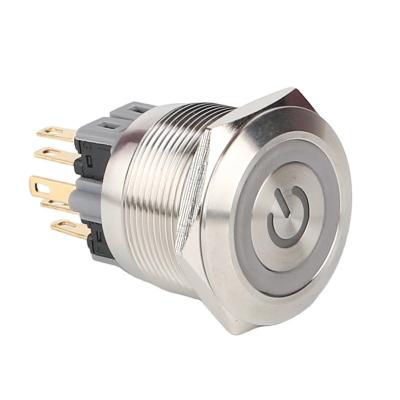 China S: Stainless Steel / N: Nickel Plated Brass 25mm Flat Head Metal Push Button Switch Momentary Illuminated Push Button 220AC With Ring And Power Symbol LED Light for sale