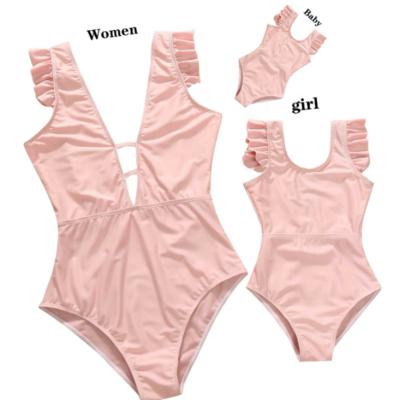 China 2021 New Pale Pink Mother-Daughter Swimsuit Parent-child Breathable Stylish V-Neck Family One-Piece Swimsuit for sale