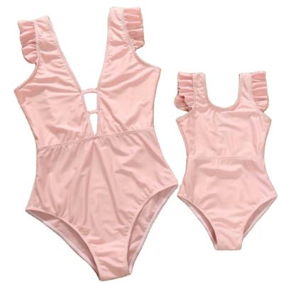 China Pale Pink Breathable Elegant V-Neck Mother-Daughter Swimwear Parent-child Family One-Piece Swimsuit Wholesale Custom Made for sale