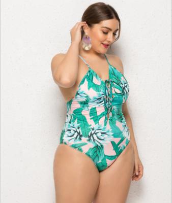 China Plus Size 2021 Summer New Fat Lady One-Piece Large Size Plus Size Printed Strap Halter Strap Swimwear for sale