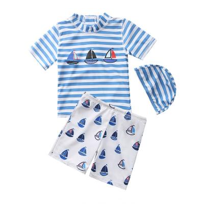 China 2021 New Arrival Customized Sailboat Print Swimsuit Antibacterial Sets Children Beach Short Striped Cartoon Swimwear Children for sale