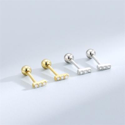 China Korean Minimalist Environmental Friendly Gold Fashion Studs Jewelry Lead 925 Sterling Silver CZ Bar Screw Back Stud Earrings for sale