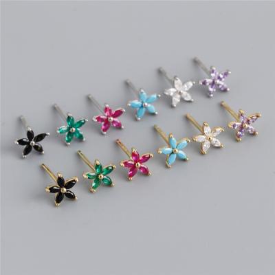 China 2022 Cute Trendy Korean Minimalist Delicacy Gold Plated 925 Sterling Silver Colorful Zircon Flower Stud Earrings for sale