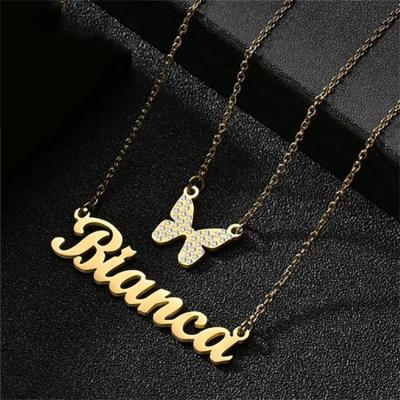 China Europe and America Customized 18K Gold Plated Stainless Steel Double Layer Zircon Butterfly Heart Custom Name Pendant Necklaces for sale