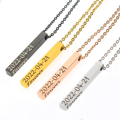 China High Quality Fashion Stainless Steel Gold Plated 5*40 Personalized Name 3D Vertical Bar Rectangle Engraved Necklace For Women Men for sale