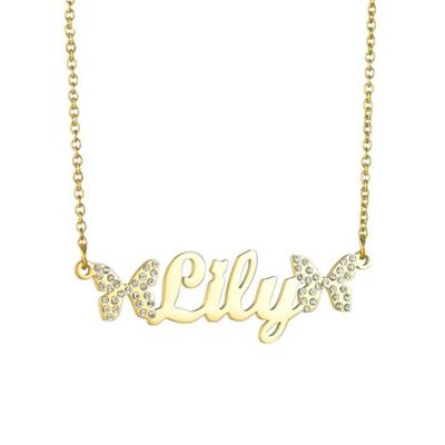 China Customized Fashion Personalized Name Necklace Gold Plated Stainless Steel Zircon Butterfly Name Necklace Custom Women for sale