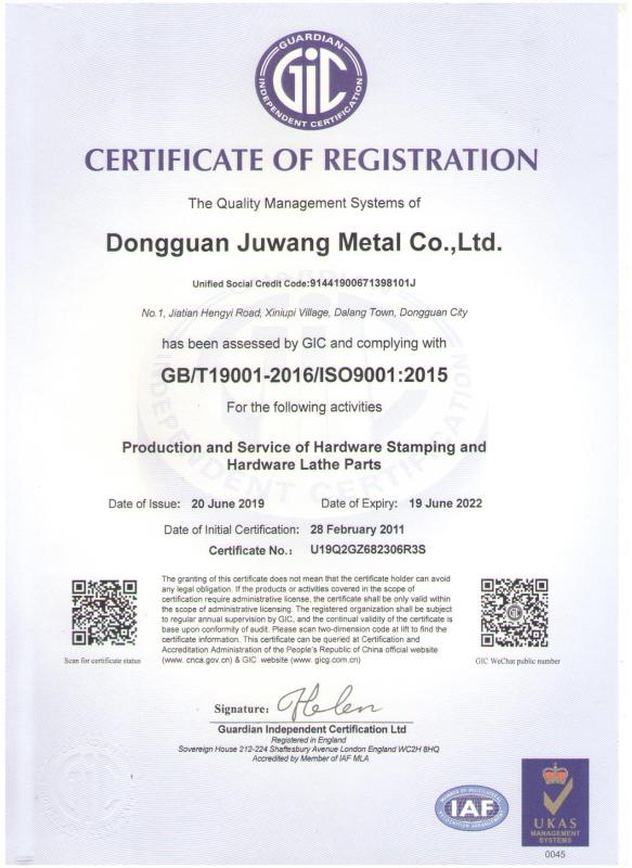 ISO9001 - Dongguan Juwang Metals Co., Ltd.