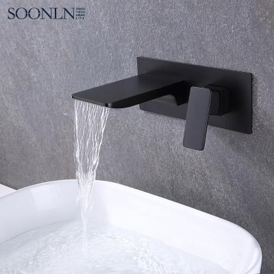 China Modern Wall Mounted Brass Matte Black Surface Single Handle Bathroom Hidden Basin Faucet for sale