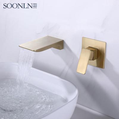 China Modern Bathroom Gold Hole Wall Mount Basin Mixer Taps Brass Brushed Single Tap for sale