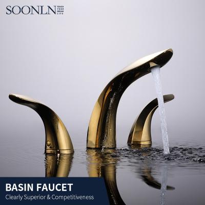 China Good Price Modern Deck Mounted Mixer Brass Gold Bathroom Basin Faucets Handle 3 Holes Double Hose Faucets for sale