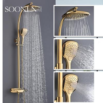 China With Slide Bar Bath Room 3 Functions Shower Faucets Wall Mounted Thermostatic Brass Gold Luxury Shower Set for sale