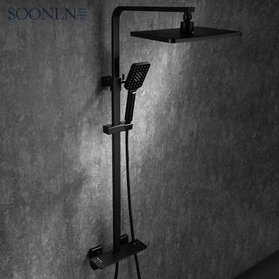 China With Sliding Bar Hotel Matt Black Wall Mounted Thermostatic Rain Bath Shower Faucet Bathroom Shower Set Royal Luxury for sale