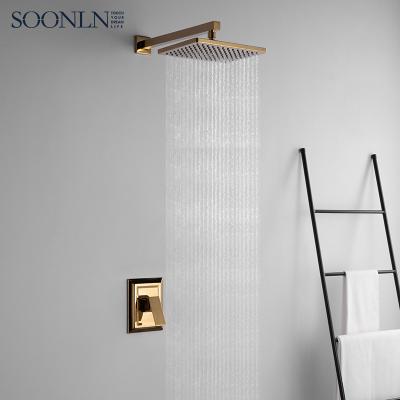 China Without Slide Bar Single Handle Gold Brass Bathroom Hide Shower Set With Square Rainfall Head Shower for sale