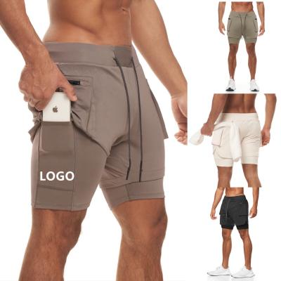 China Custom Logo QUICK DRY Multi Functional 2 in 1 Sports Shorts Fitness Running Double Layer Phone Pocket Mens Shorts for sale