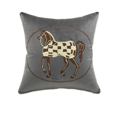 China Home Decor Gray Embroidery Cushion Cover Horse Design Cozy Square Tile Case for sale