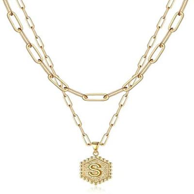 China Fashion Women 14K Gold Plated Paper Clip Chain Necklace Single Hexagon Letter Pendant Delicacy Layered Choker Initial Necklace for sale