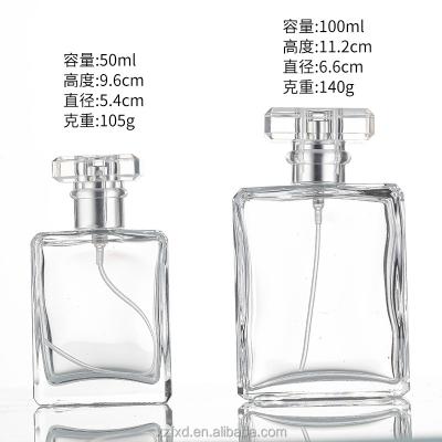 China Wholesale Perume Square 50ml 100ml 1.7OZ 3.3OZ Clear Flat Perfume Partial Assembly Glass Bottle With Aluminum Spray Pump for sale