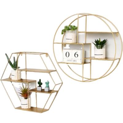 China Polygonal Multilayer Metal Wall Shelf Home Decoration Wall Mounted Vintage Metal Storage Shelf Display Rack for sale