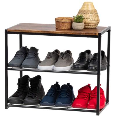 China Easy Assembly Household Shoe Storage Rack With 6 Pairs Wooden 3 Tiers Floor Black Metal Shoe Racks for sale