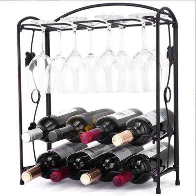 China Sustainable Metal Wine Bottle Display Rack With Hanging Goblet Black Metal Wine Rack Countertop for sale