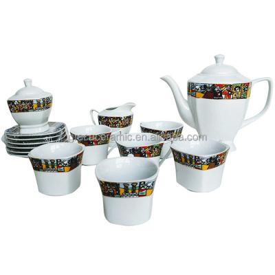 China Viable Ceramic Sheba 17 Piece Tea Set, Traditional Ethiopian Art Design Coffee Set for sale