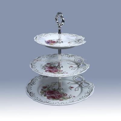 China Sustainable New Design Ceramic Fine Bone China Core Snack 3 Tier Cake Stand Set With Gold Rim for sale