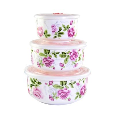 China Sustainable Flower 3pcs Design Ceramic Chinese Bowl Set Microwave Bowl Set With Cover for sale