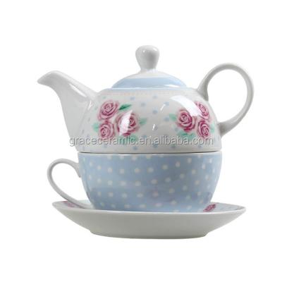 China 2019 Viable Wholesale Polka Dot Porcelain Bone Floral Tea Set For One, Tea Set For One for sale