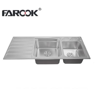 China Without Faucet High Quality Double Bowl Steel Kitchen Sink With Tray for sale