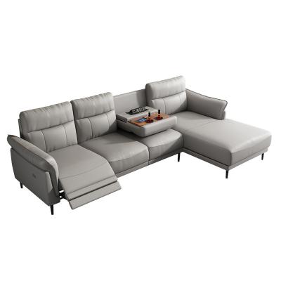 China Modern Style Living Room Gray Leather Extendable 3 Function 3 Seat Recliner Leathaire Sofa With Console for sale