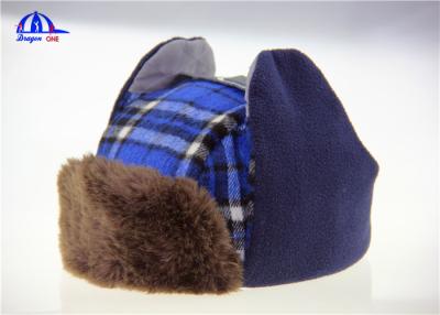 China Checked Cotton / Fake Fur Baseball Warm Winter Caps With Earflag Blue and Brown for sale