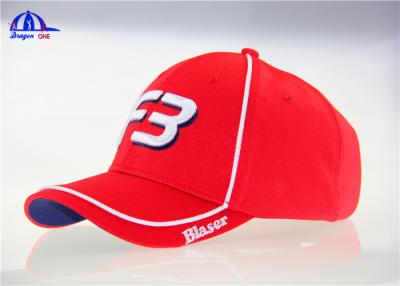 China 100% Polymesh 6 Panel Red Custom Baseball Caps With White Piping and 3D Embroidery for sale