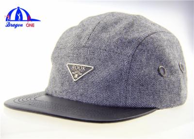 China Luxury 5 Panel Camp Snapback Cap With Metal Logo On Front and PU Leather On Peak for sale